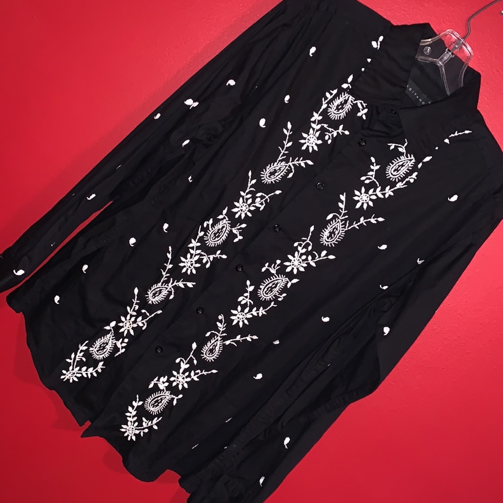 Embroidered Long Black Cotton Shirt L